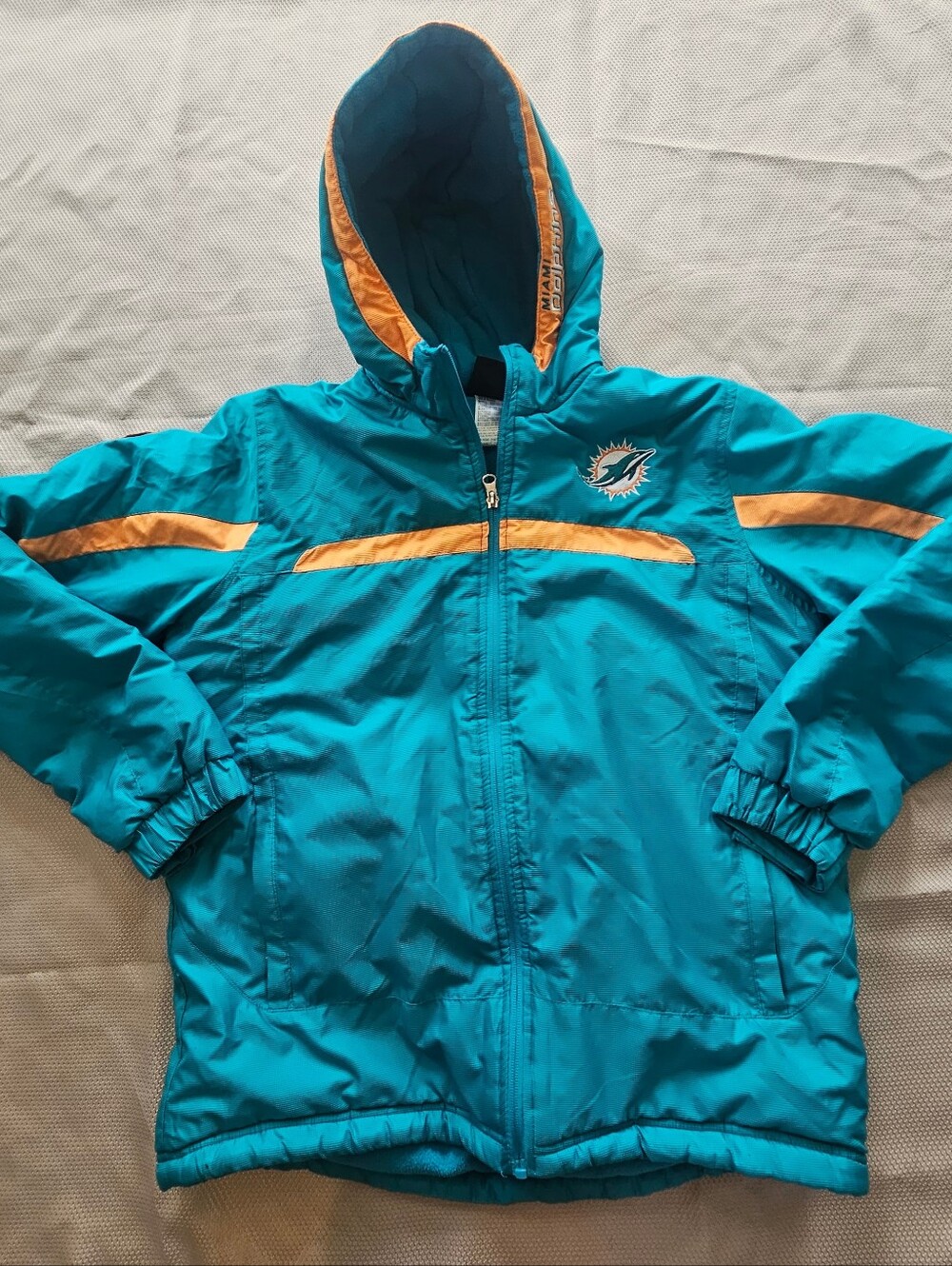 NFL Youth Miami Dolphins  Hooded Full Zip Jacket Teal/Orange Embroidered Logo L